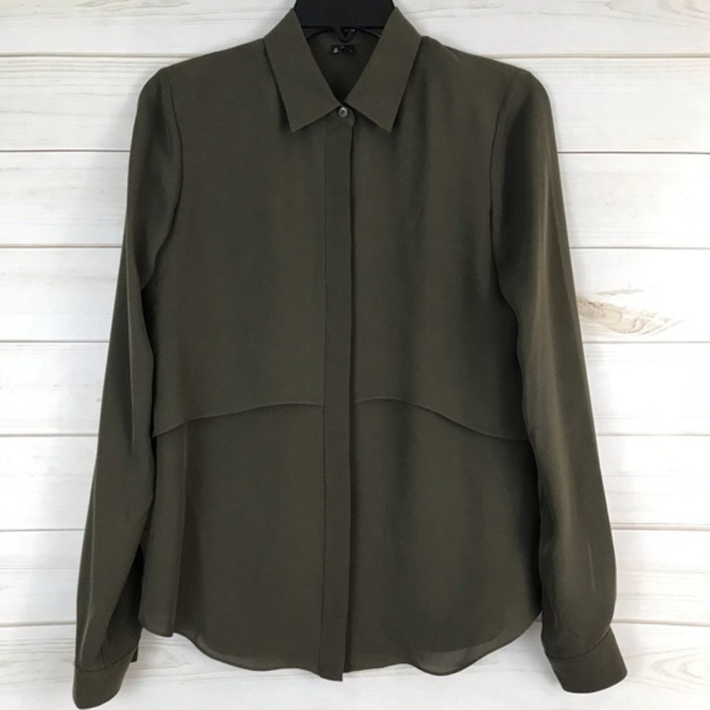 Theory Silk Army Green Button Down Blouse